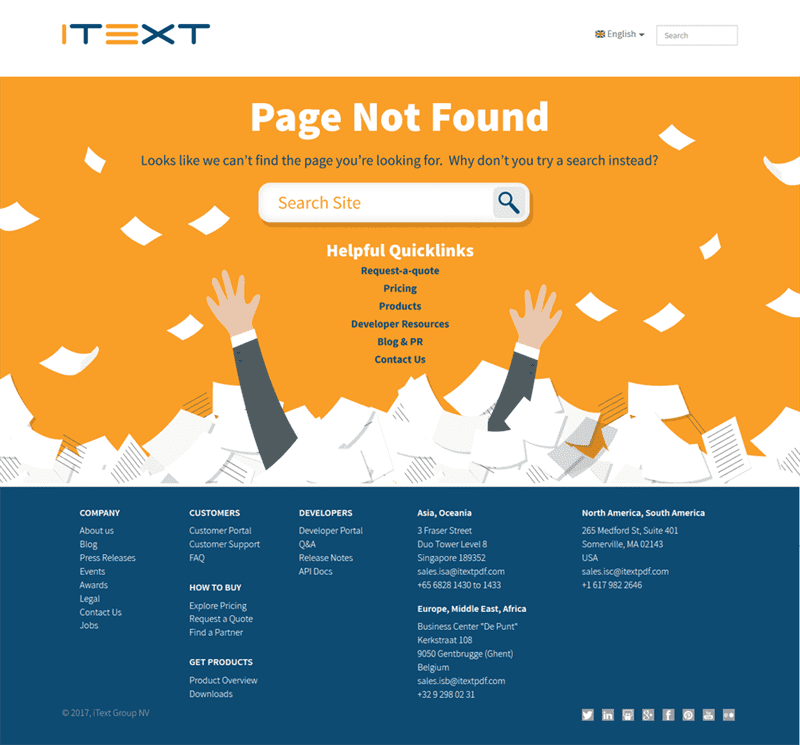 Trang lỗi 404 màu cam và xanh lam với một người đang chìm trong đống giấy tờ