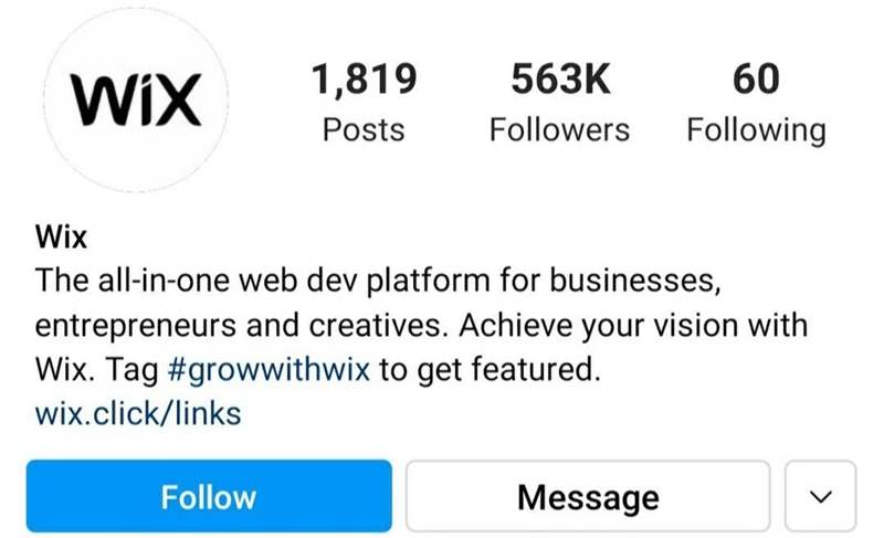 Ví dụ về thương hiệu trên Instagram: Wix