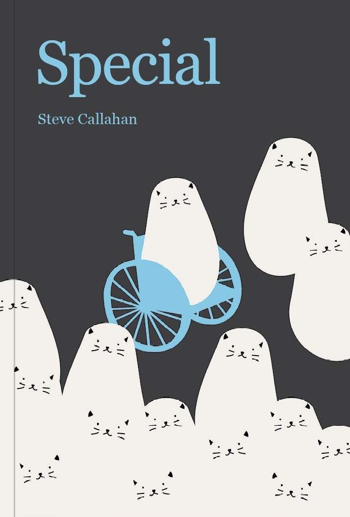 Bìa sách có hình một con mèo ngồi trên xe lăn