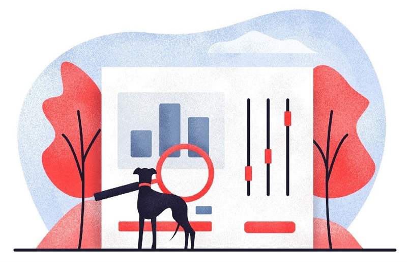 một con chó đen với cổ áo màu đỏ và một chiếc kính lúp khổng lồ trong miệng đang nhìn vào biểu đồ