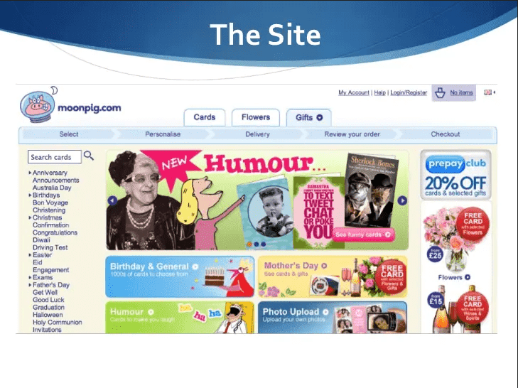 trang web cũ của moonpig, giới thiệu một bà già mặc đồ đen trắng, phim hoạt hình về một bà và các nút khác nhau của các danh mục thẻ
