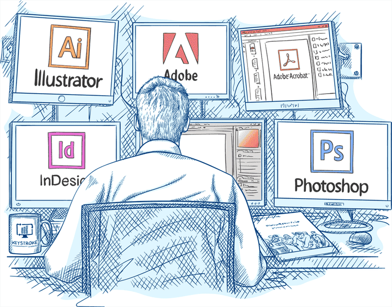 Hình minh họa kiểu phác thảo của một nhà thiết kế làm việc trên nhiều máy tính