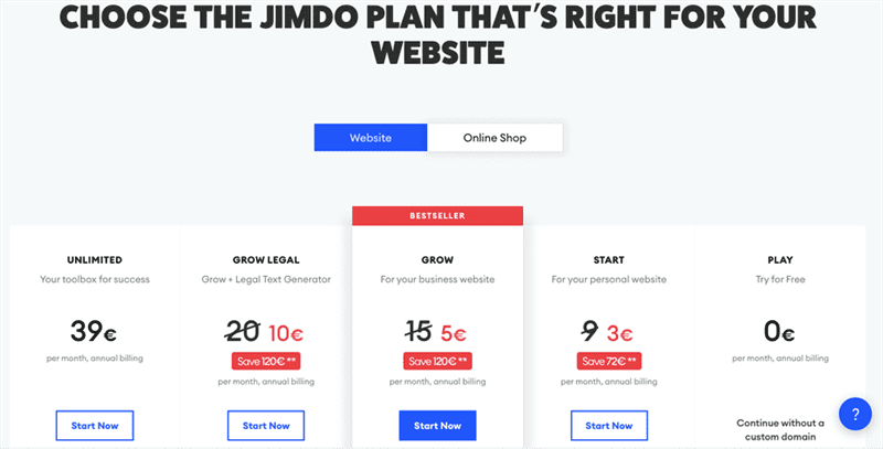 ảnh chụp màn hình của trang kế hoạch Jimdo