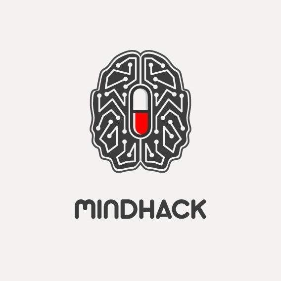 logo hình học thể hiện một bộ não trông giống như một bo mạch chủ với một viên thuốc màu trắng và đỏ