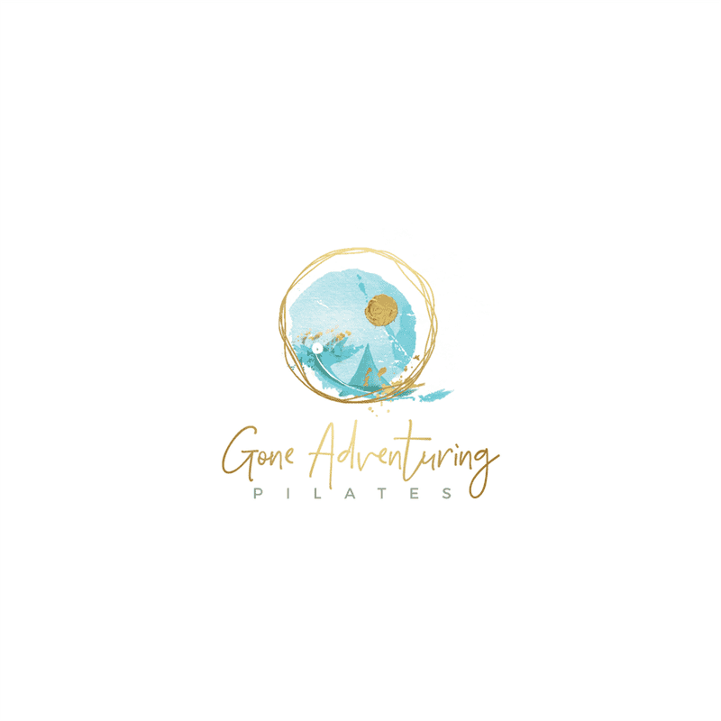 40 logo màu nước đi theo dòng chảy 16 “Gone Adventuring Pilates” trên nền tròn màu xanh được khoanh vàng