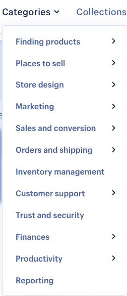Ảnh chụp màn hình các danh mục cửa hàng ứng dụng Shopify
