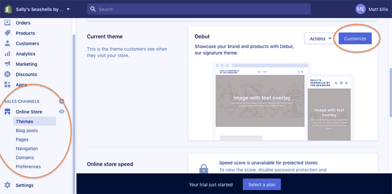 Ảnh chụp màn hình của trình chỉnh sửa trình tạo trang web Shopify