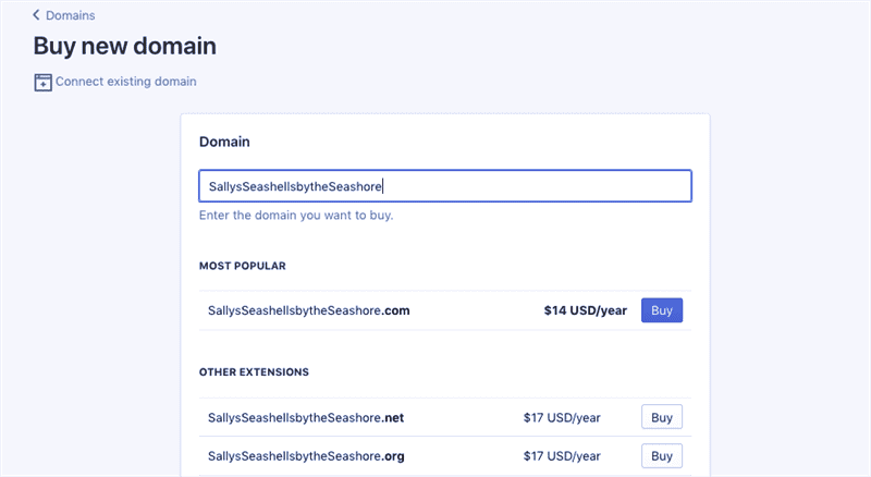 Mua miền trong trình tạo trang web Shopify