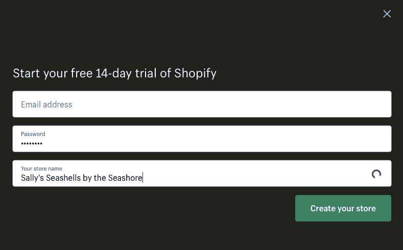 Ảnh chụp màn hình của Shopify đăng ký dùng thử miễn phí