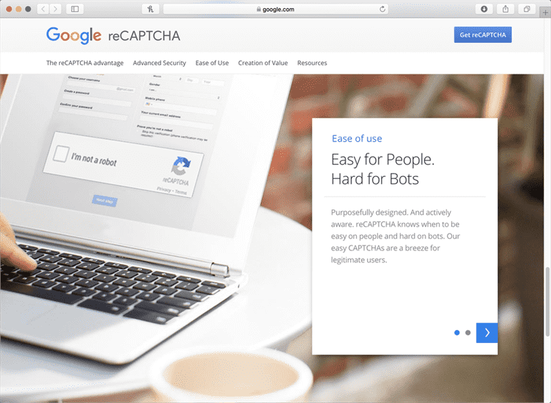 Trang giới thiệu reCAPTCHA của Google