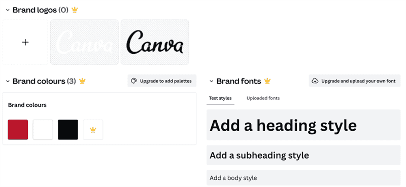 Trang bộ công cụ thương hiệu của Canva giới thiệu logo, phông chữ và màu sắc thương hiệu của nó