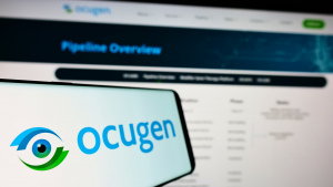 Điện thoại thông minh có logo của công ty dược phẩm sinh học Hoa Kỳ Ocugen Inc (OCGN) trên màn hình phía trước trang web Tiêu điểm bên trái màn hình điện thoại