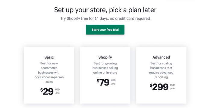 Shopify so với Wix: ảnh chụp màn hình về giá của Shopify