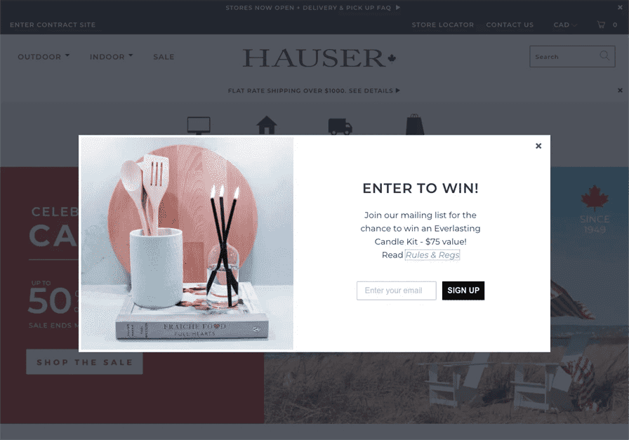 Cửa sổ bật lên của Hauser xuất hiện khi khách truy cập vào trang web và khuyến khích họ nhập địa chỉ email để có cơ hội giành được bộ sản phẩm.