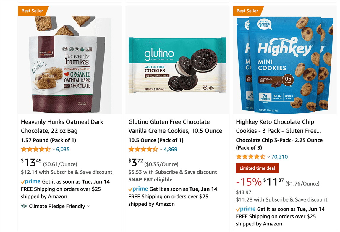 Danh sách trên Amazon cho sô cô la đen bột yến mạch, bánh quy không chứa gluten và bánh quy mini keto