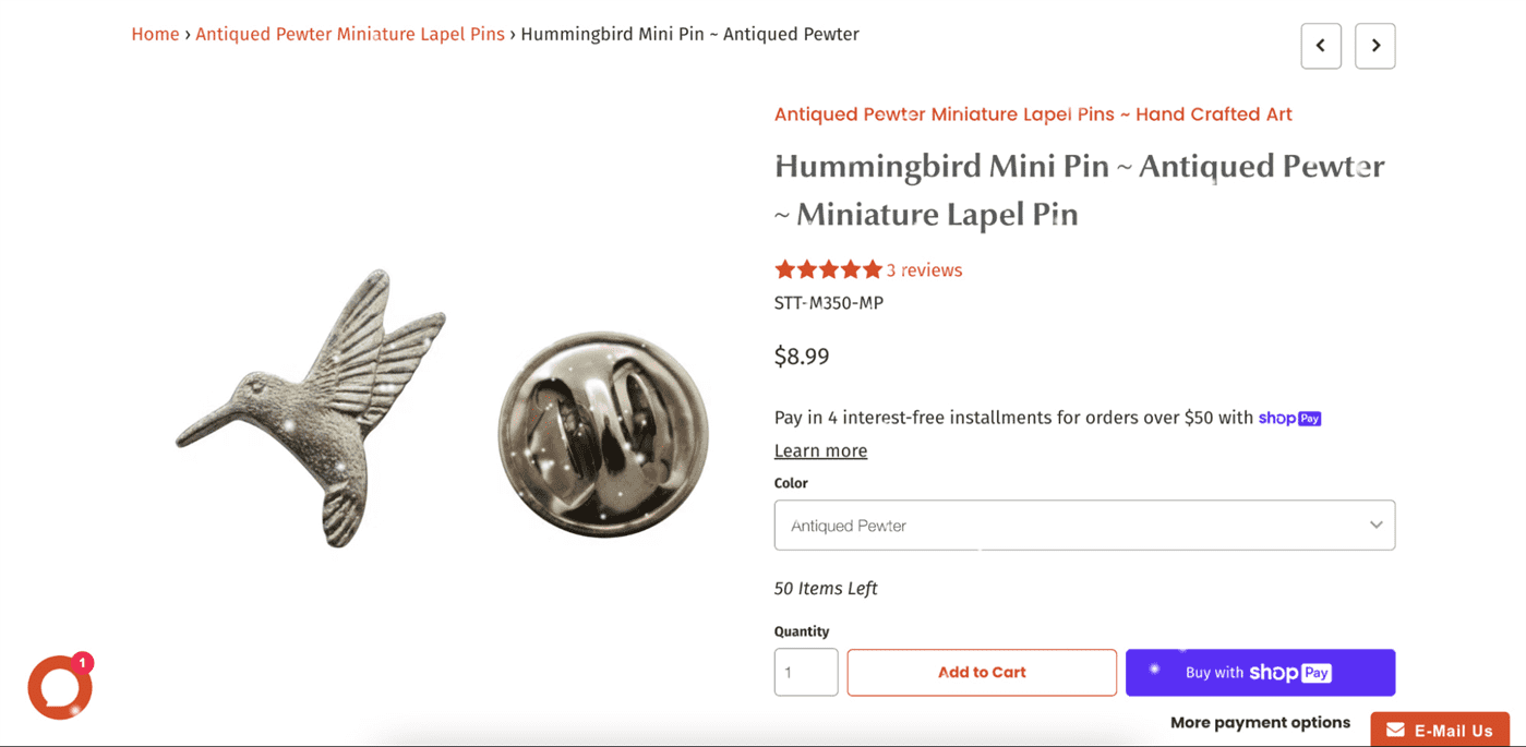 Ảnh chụp màn hình ghim chim ruồi trên Shopify
