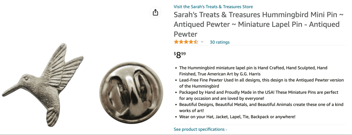 Ảnh chụp màn hình danh sách ghim chim ruồi trên Amazon