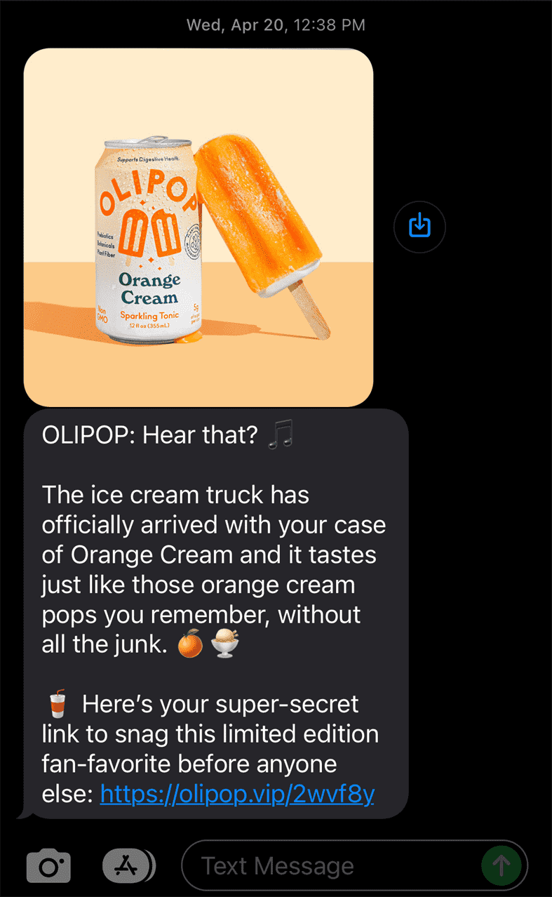 Ảnh chụp màn hình một tin nhắn văn bản từ Olipop có hương vị kem cam