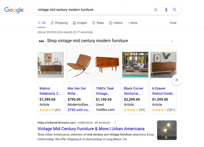 Ảnh chụp màn hình kết quả của Google cho tìm kiếm, đồ nội thất hiện đại giữa thế kỷ cổ điển