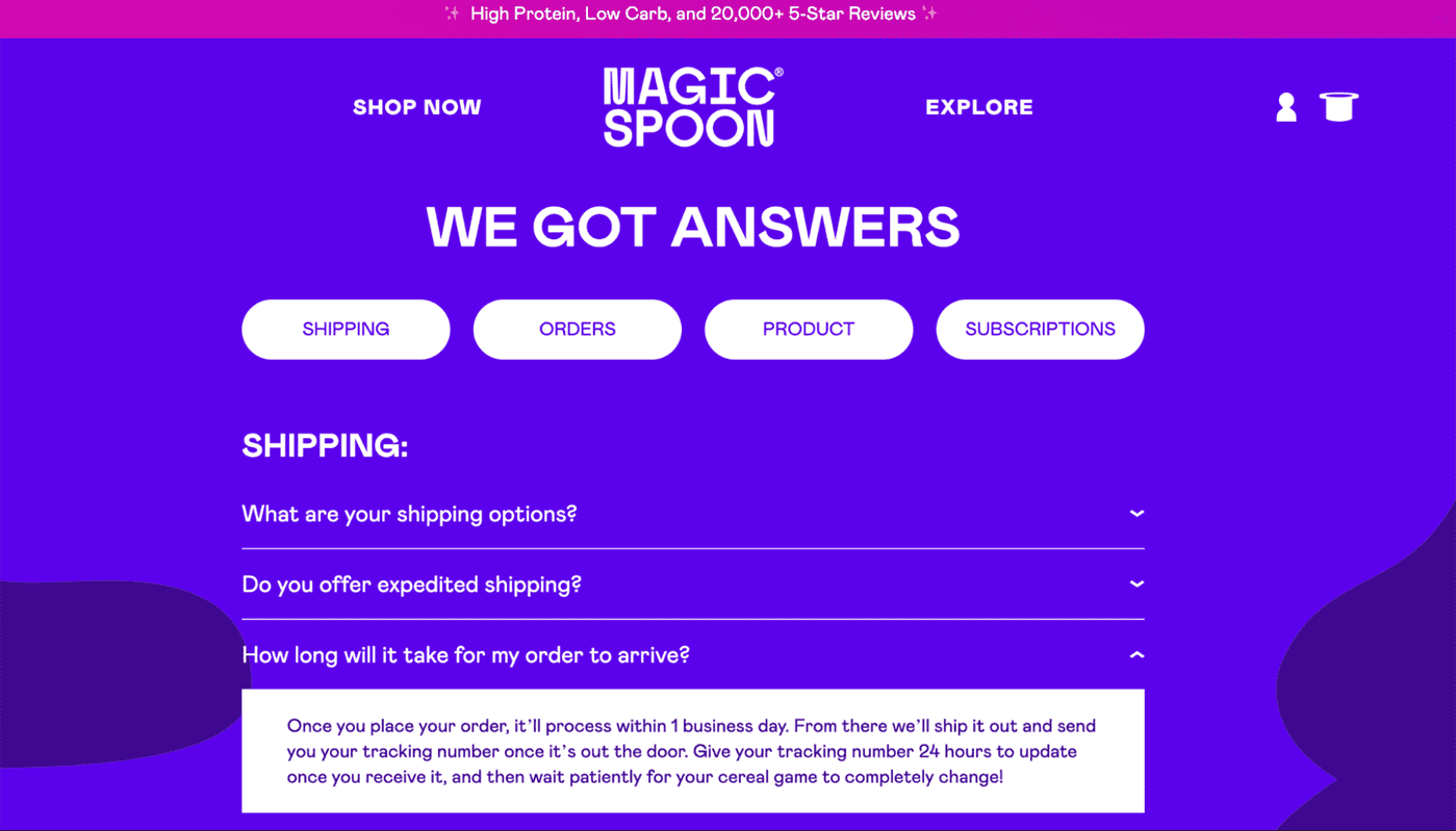 Copywriting thông minh xuất hiện trên trang Câu hỏi thường gặp của Magic Spoon.