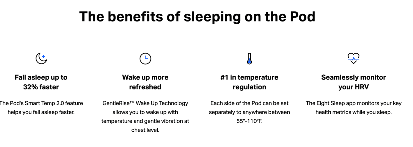 Eight Sleep tập trung vào lợi ích hơn các tính năng trong copywriting của họ.
