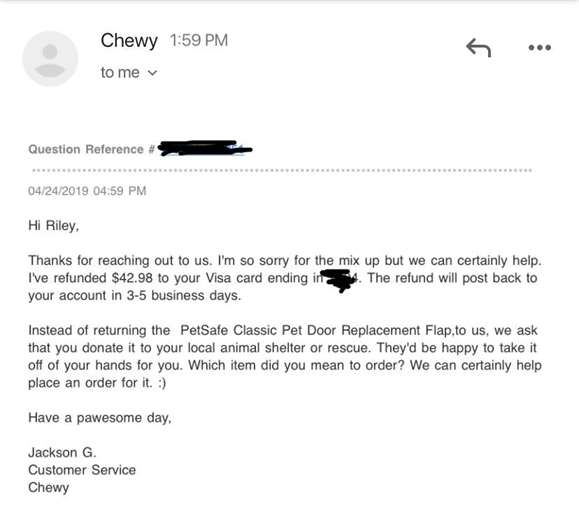 Ví dụ về email dịch vụ khách hàng tuyệt vời của Chewy khiến khách hàng hài lòng mà họ đã sử dụng Reddit để chia sẻ với những người khác