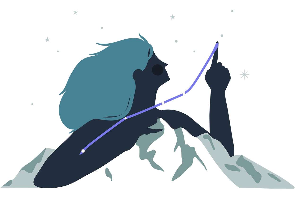 Minh họa của Alice Mollon mô tả Người leo núi: người phụ nữ dựa vào các chòm sao trên núi bằng các ngón tay