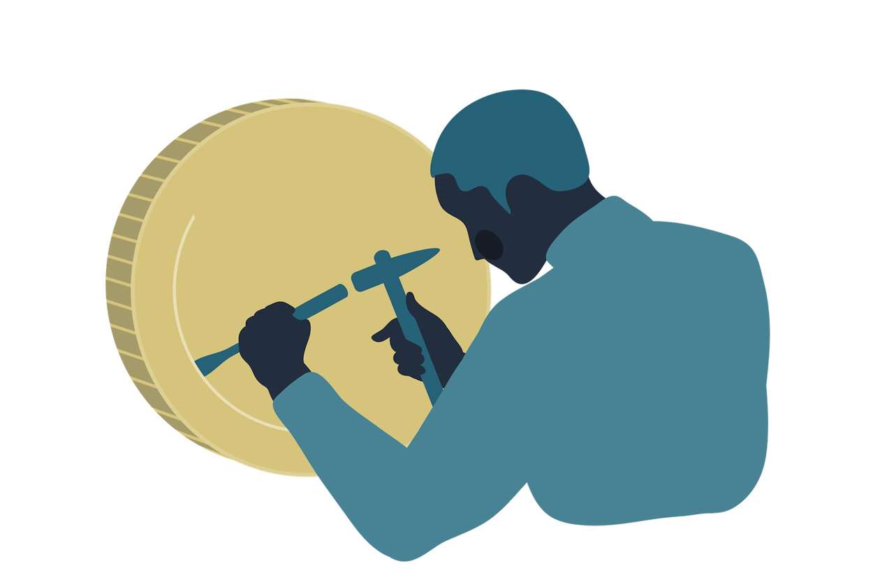 Minh họa của Alice Mollon mô tả Người ngoài cuộc: người đàn ông đang đục một đồng xu lớn