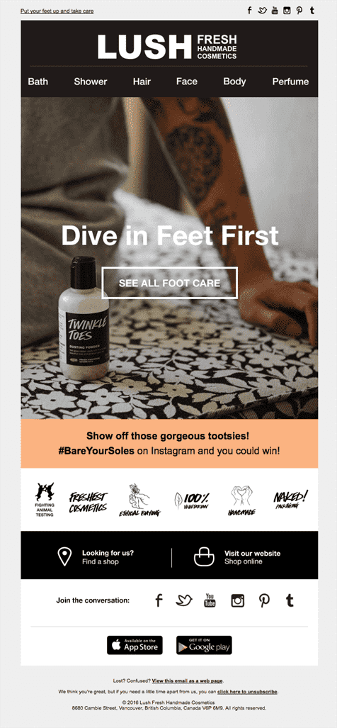 Ví dụ về email nội dung do người dùng Lush Cosmetics tạo.