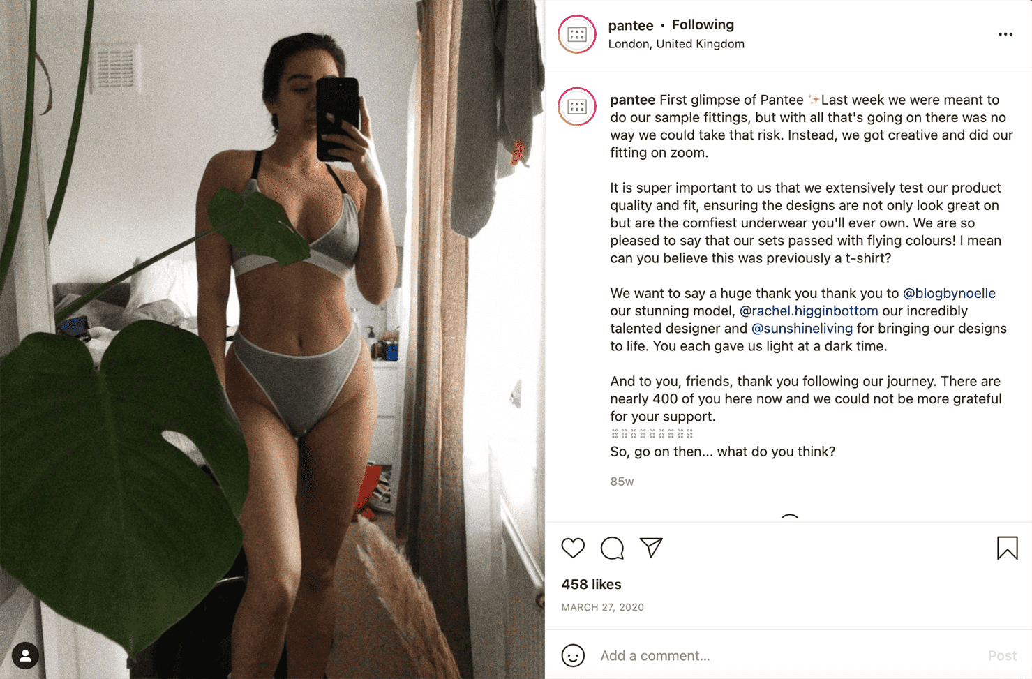 Một bài đăng đầu tiên trên Instagram của Pantee cho thấy cái nhìn đầu tiên về sản phẩm khi một phụ nữ chụp ảnh selfie trước gương.