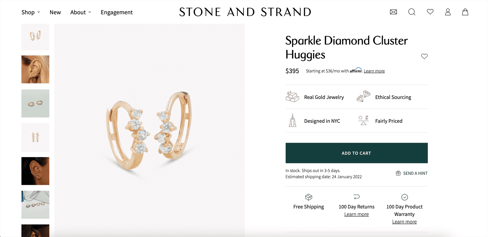 Ảnh chụp màn hình trang sản phẩm Stone and Strand bao gồm thông tin vận chuyển