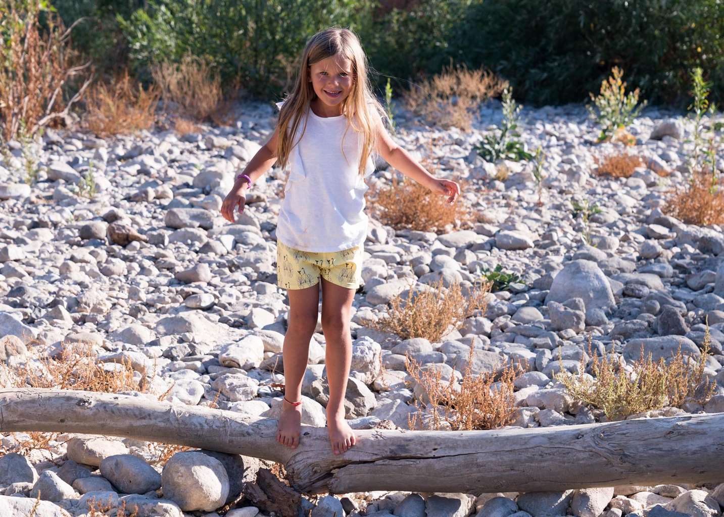 Cô gái trẻ mặc quần đùi màu vàng giữ thăng bằng trên khúc gỗ trên bãi biển