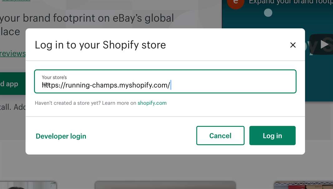 đăng nhập cửa hàng shopify từ ứng dụng ebay