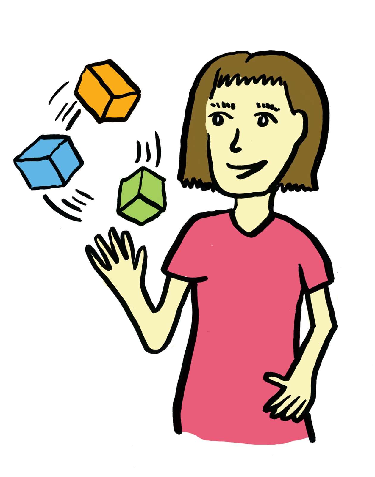 Hình vẽ một phụ nữ trẻ đang tung các hình khối bằng một tay để phản ánh ý tưởng khởi nghiệp. 