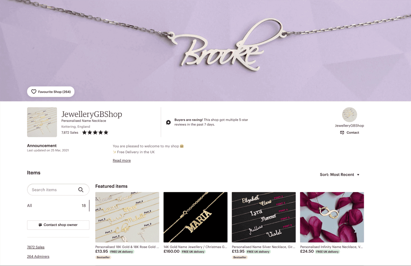 Thiết kế mặt tiền cửa hàng tùy chỉnh trên thị trường Etsy có thể bao gồm biểu ngữ và các sản phẩm nổi bật.
