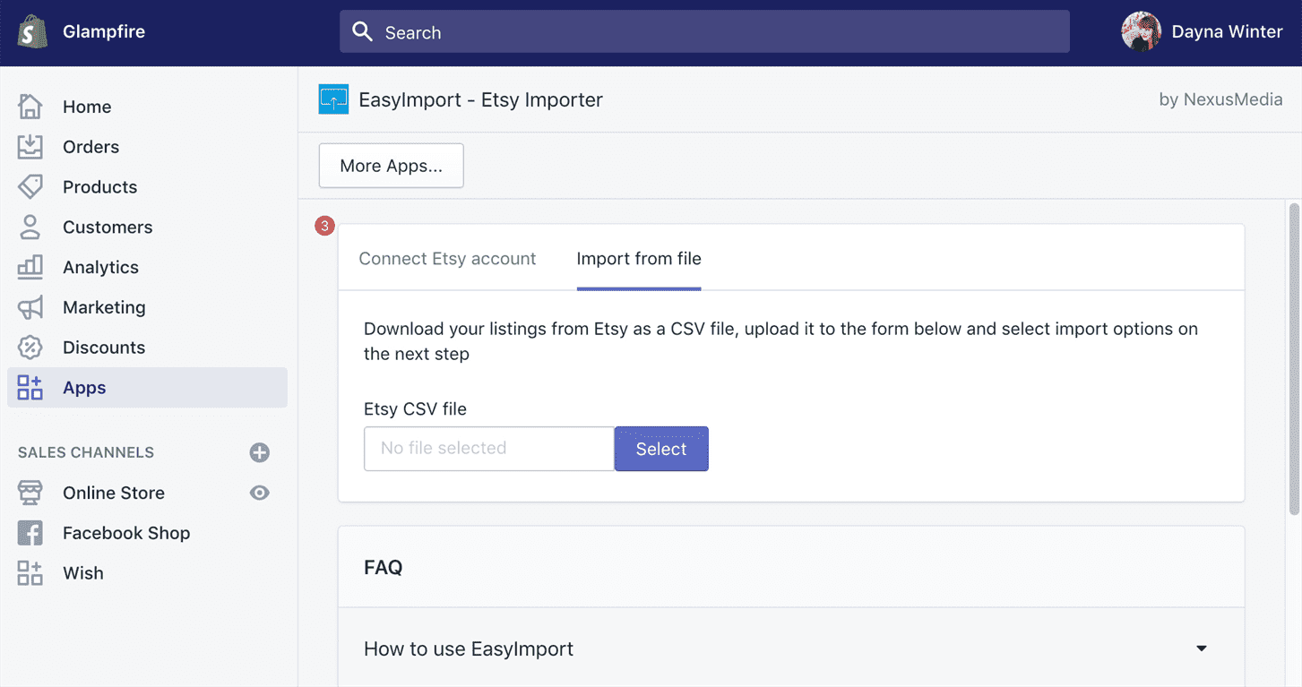 Màn hình quản trị Shopify: Ứng dụng Easy Import Etsy Migration