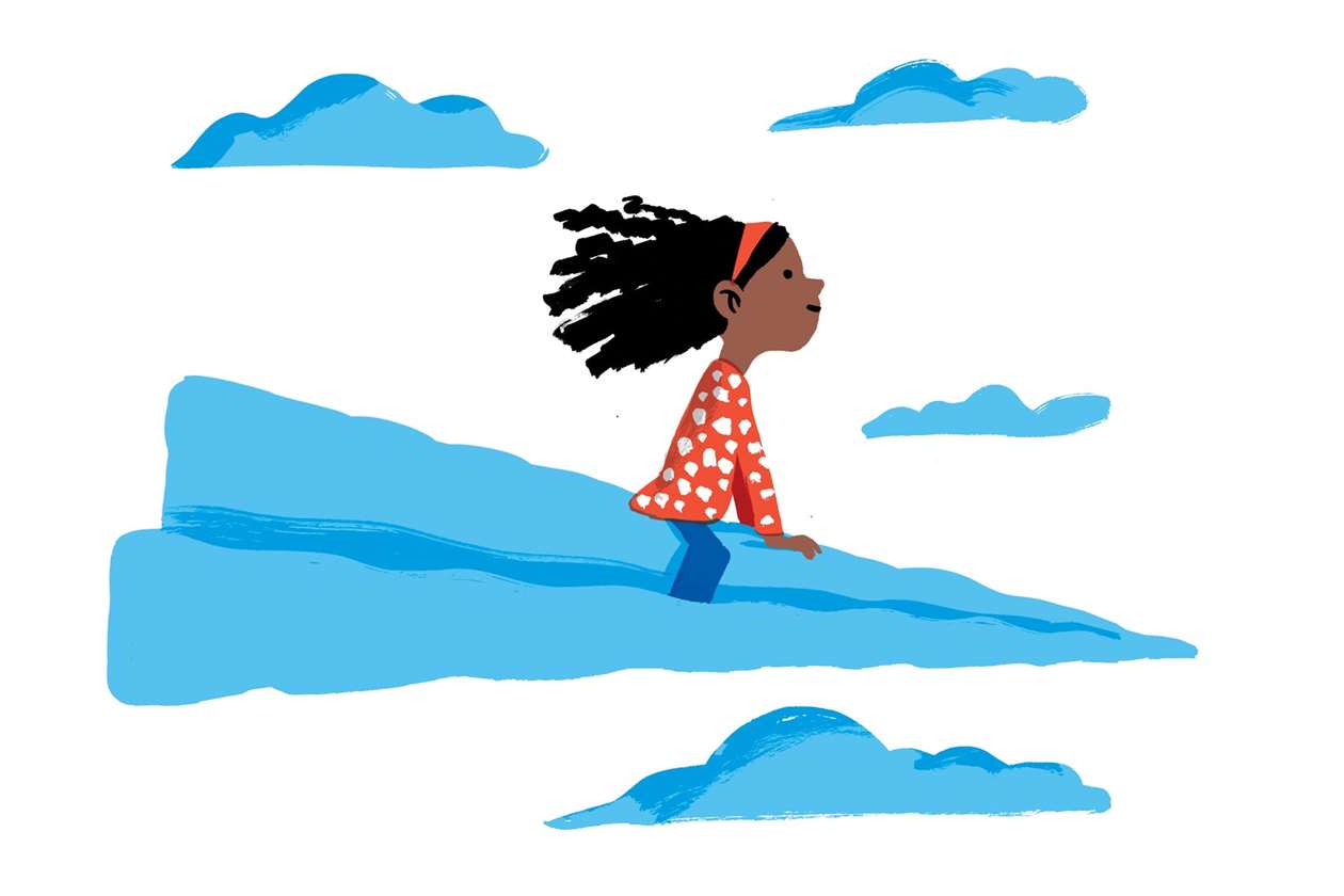 Hình minh họa của một cô gái trẻ da đen lái máy bay giấy xuyên qua những đám mây.  Đây là một phép ẩn dụ cho ước mơ về tương lai của cô ấy với tư cách là một doanh nhân. 