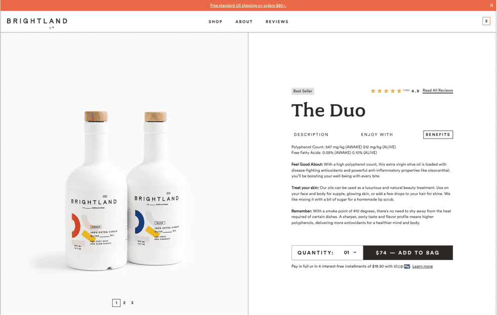 Ảnh chụp màn hình trang đích sản phẩm của Brightland cho The Duo
