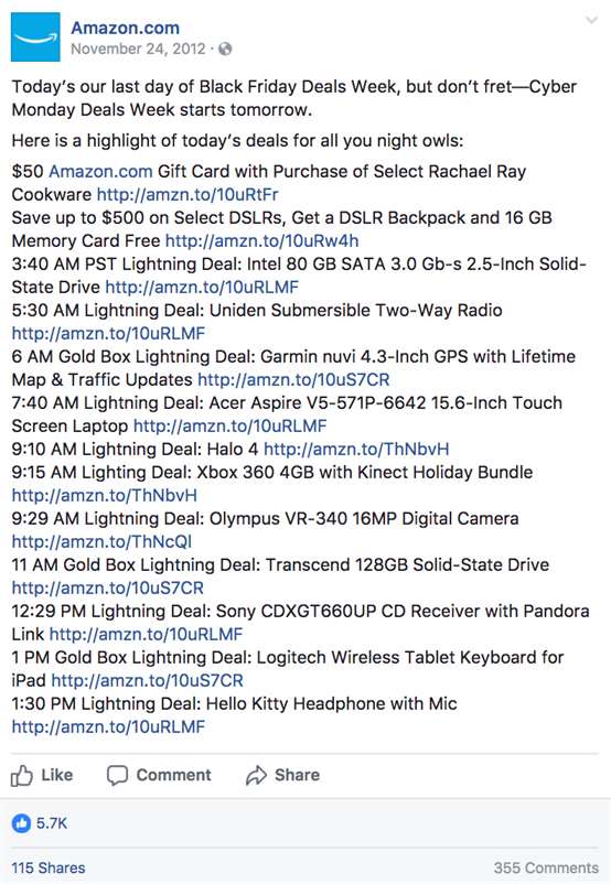 Bài đăng trên Facebook của Amazon Lightning Deals