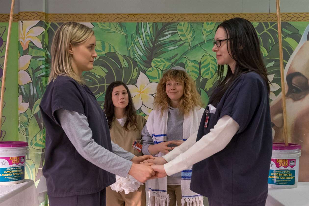 Piper Chapman và Alex Vause nắm tay nhau trên bức tranh tường nhiệt đới trong một tập của Orange Is the New Black.  Nicky Nichols và Lorna Morello trông ở hậu cảnh.