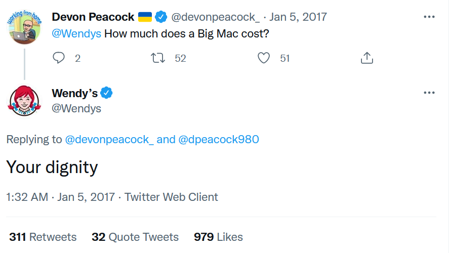 Ảnh chụp màn hình tweet của người dùng Devon Peacock cho Wendy's