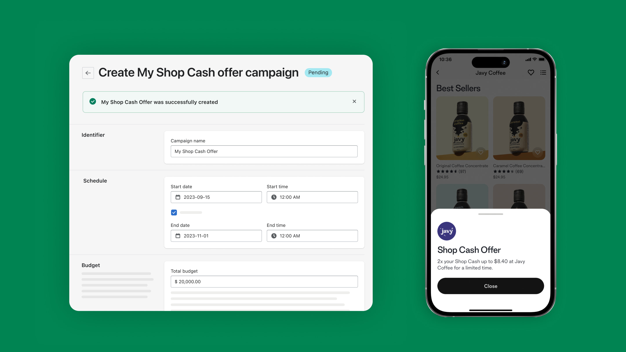 Mô hình giao diện người dùng của quy trình thiết lập chiến dịch Shop Cash và chế độ xem ưu đãi trong ứng dụng