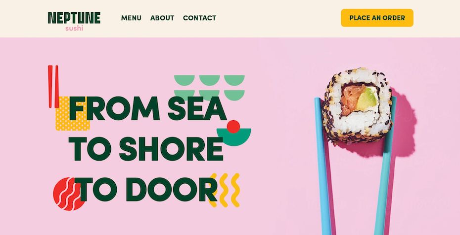 Thiết kế trang web cho nhà hàng sushi với các mẫu thiết kế memphis trừu tượng
